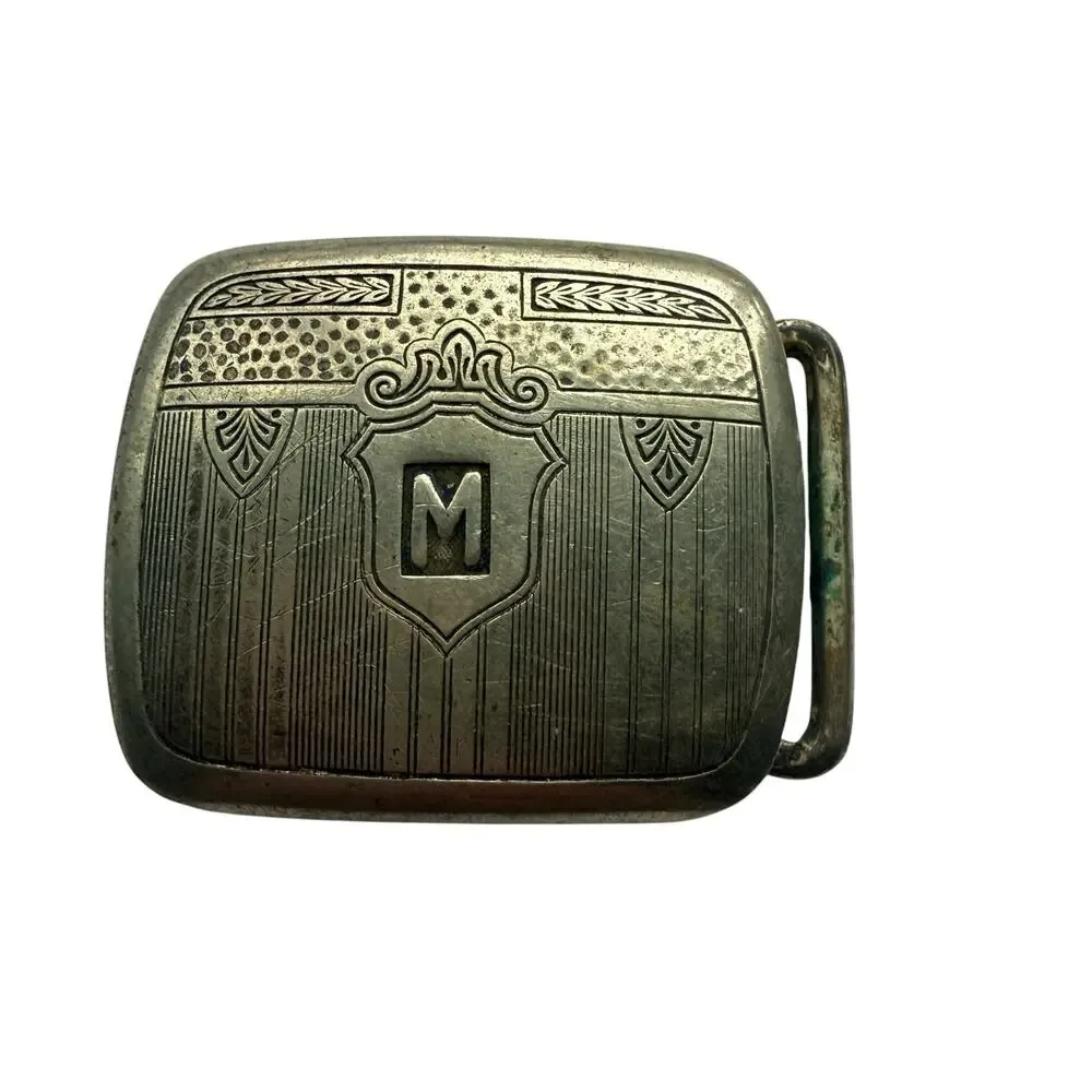 Antique R.M. Co. Silver Plate Engraved Monogram M Belt Buckle Art Deco